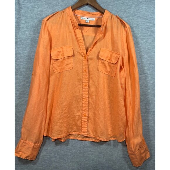 Tommy Hilfiger Womens XL Orange Button Up 100% Linen Shirt - Picture 1 of 6